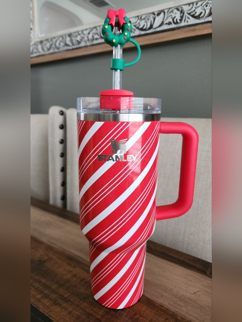 Stanley 40 Oz  Red and White Candy-Stripe Insulated Travel Mug with Handle